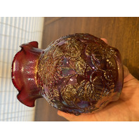 VTG Imperial Glass Red Iridescent Floral CHRYSANTHEMUM Carnival Glass Vase 6"H
