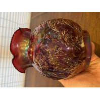VTG Imperial Glass Red Iridescent Floral CHRYSANTHEMUM Carnival Glass Vase 6"H