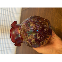 VTG Imperial Glass Red Iridescent Floral CHRYSANTHEMUM Carnival Glass Vase 6"H