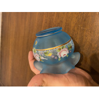 VTG FENTON Satin Blue Floral PAINTED Art Glass Rose Bowl Vase 3.75"H SIGNED