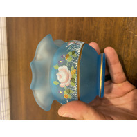 VTG FENTON Satin Blue Floral PAINTED Art Glass Rose Bowl Vase 3.75"H SIGNED