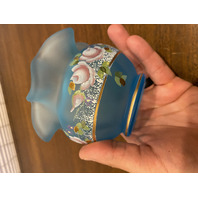 VTG FENTON Satin Blue Floral PAINTED Art Glass Rose Bowl Vase 3.75"H SIGNED