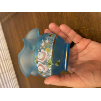 VTG FENTON Satin Blue Floral PAINTED Art Glass Rose Bowl Vase 3.75"H SIGNED