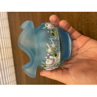 VTG FENTON Satin Blue Floral PAINTED Art Glass Rose Bowl Vase 3.75"H SIGNED