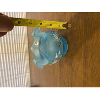 VTG FENTON Satin Blue Floral PAINTED Art Glass Rose Bowl Vase 3.75"H SIGNED