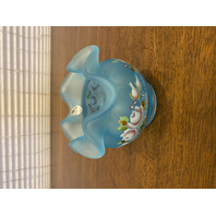 VTG FENTON Satin Blue Floral PAINTED Art Glass Rose Bowl Vase 3.75"H SIGNED