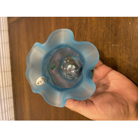 VTG FENTON Satin Blue Floral PAINTED Art Glass Rose Bowl Vase 3.75"H SIGNED