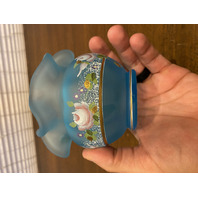 VTG FENTON Satin Blue Floral PAINTED Art Glass Rose Bowl Vase 3.75"H SIGNED