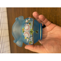 VTG FENTON Satin Blue Floral PAINTED Art Glass Rose Bowl Vase 3.75"H SIGNED