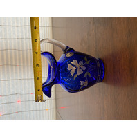 FENTON Cobalt Blue LTD ED #360 Small Floral PAINTED Glass Pitcher SIGNED 5.5"H