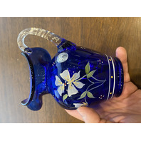 FENTON Cobalt Blue LTD ED #360 Small Floral PAINTED Glass Pitcher SIGNED 5.5"H