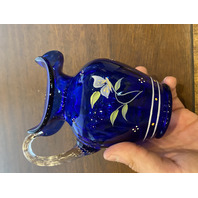 FENTON Cobalt Blue LTD ED #360 Small Floral PAINTED Glass Pitcher SIGNED 5.5"H
