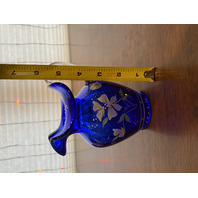 FENTON Cobalt Blue LTD ED #360 Small Floral PAINTED Glass Pitcher SIGNED 5.5"H