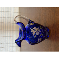 FENTON Cobalt Blue LTD ED #360 Small Floral PAINTED Glass Pitcher SIGNED 5.5"H