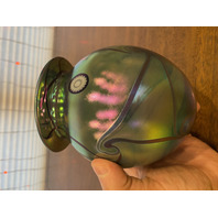 VTG 1998 ROBERT EICKHOLT Green Iridescent Abstract Art Glass Vase 5.5"H SIGNED