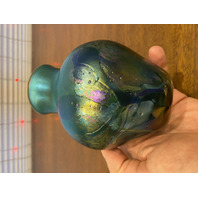 VTG Green Iridescent Abstract Art Glass Vase 5.75"H SIGNED