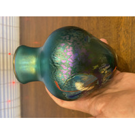 VTG Green Iridescent Abstract Art Glass Vase 5.75"H SIGNED