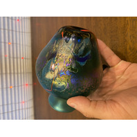 VTG Green Iridescent Abstract Art Glass Vase 5.75"H SIGNED