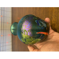 VTG Green Iridescent Abstract Art Glass Vase 5.75"H SIGNED