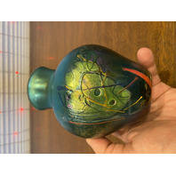 VTG Green Iridescent Abstract Art Glass Vase 5.75"H SIGNED