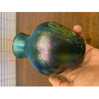 VTG Green Iridescent Abstract Art Glass Vase 5.75"H SIGNED