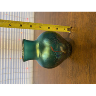 VTG Green Iridescent Abstract Art Glass Vase 5.75"H SIGNED