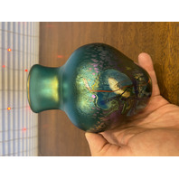 VTG Green Iridescent Abstract Art Glass Vase 5.75"H SIGNED
