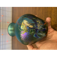 VTG Green Iridescent Abstract Art Glass Vase 5.75"H SIGNED