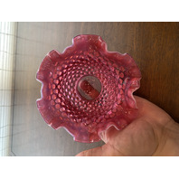 VTG FENTON Cranberry/Pink Opalescent Hobnail Vase 6.25"W