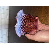 VTG FENTON Cranberry/Pink Opalescent Hobnail Vase 6.25"W
