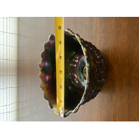 VTG Dugan Blue/Purple Iridescent GRAPE DELIGHT Footed Carnival Nut Bowl 6"W