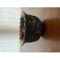 VTG Dugan Blue/Purple Iridescent GRAPE DELIGHT Footed Carnival Nut Bowl 6"W