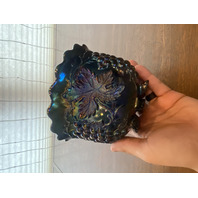 VTG Dugan Blue/Purple Iridescent GRAPE DELIGHT Footed Carnival Nut Bowl 6"W