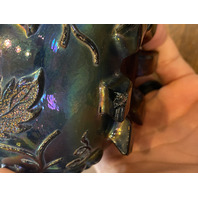 VTG Dugan Blue/Purple Iridescent GRAPE DELIGHT Footed Carnival Nut Bowl 6"W