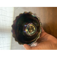 VTG Dugan Blue/Purple Iridescent GRAPE DELIGHT Footed Carnival Nut Bowl 6"W