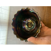 VTG Dugan Blue/Purple Iridescent GRAPE DELIGHT Footed Carnival Nut Bowl 6"W