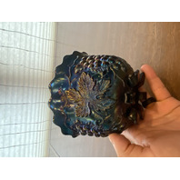 VTG Dugan Blue/Purple Iridescent GRAPE DELIGHT Footed Carnival Nut Bowl 6"W