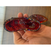 VTG FENTON Red Iridescent Cabbage Rose Glass Shoe/Slipper Figurine W/LABEL 5.5"L