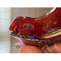VTG FENTON Red Iridescent Cabbage Rose Glass Shoe/Slipper Figurine W/LABEL 5.5"L