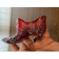 VTG FENTON Red Iridescent Cabbage Rose Glass Shoe/Slipper Figurine W/LABEL 5.5"L
