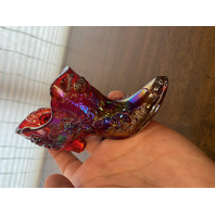 VTG FENTON Red Iridescent Cabbage Rose Glass Shoe/Slipper Figurine W/LABEL 5.5"L