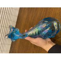 FENTON Blue Iridescent Sitting Alley Cat Art Glass Sculpture 11"H