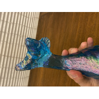 FENTON Blue Iridescent Sitting Alley Cat Art Glass Sculpture 11"H