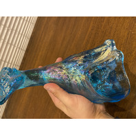 FENTON Blue Iridescent Sitting Alley Cat Art Glass Sculpture 11"H