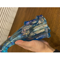 FENTON Blue Iridescent Sitting Alley Cat Art Glass Sculpture 11"H