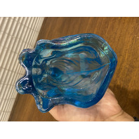 FENTON Blue Iridescent Sitting Alley Cat Art Glass Sculpture 11"H