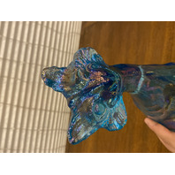 FENTON Blue Iridescent Sitting Alley Cat Art Glass Sculpture 11"H