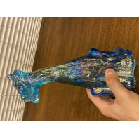 FENTON Blue Iridescent Sitting Alley Cat Art Glass Sculpture 11"H