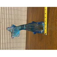 FENTON Blue Iridescent Sitting Alley Cat Art Glass Sculpture 11"H