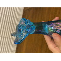 FENTON Blue Iridescent Sitting Alley Cat Art Glass Sculpture 11"H